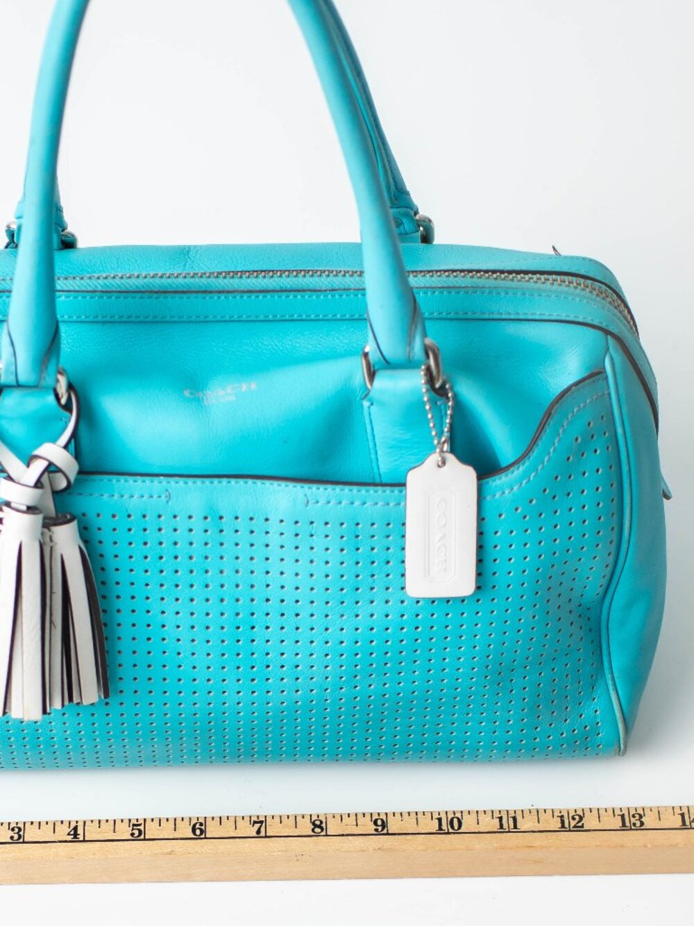 Coach Legacy Perforated Leather Haley Satchel Turquoise Aqua Fringe Leather 2012 - Picture 10 of 11
